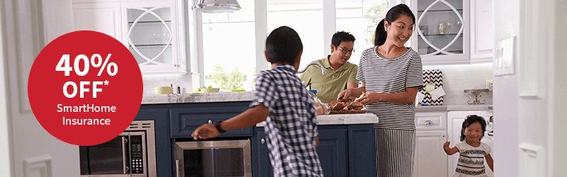 AXA 40% OFF* SmartHome Insurance, in the background is a family in the kitchen and kids playing