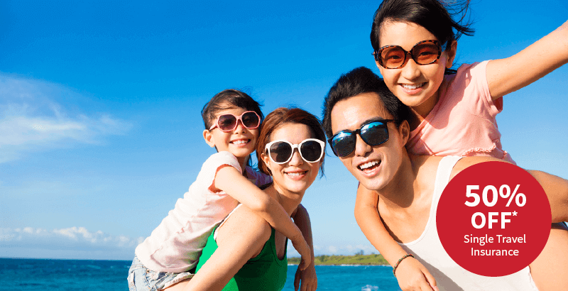 AXA 50% OFF* Single Trip Travel Insurance, in the background is a family on vacation