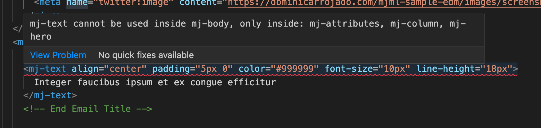 Screenshot of inline error by MJML extension in Visual Studio Code