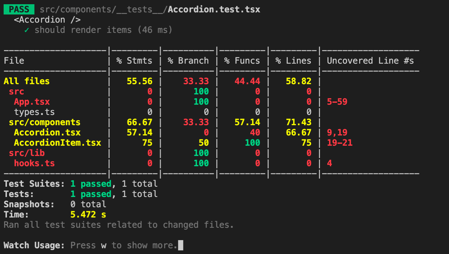 Screenshot of incomplete Accordion test coverage