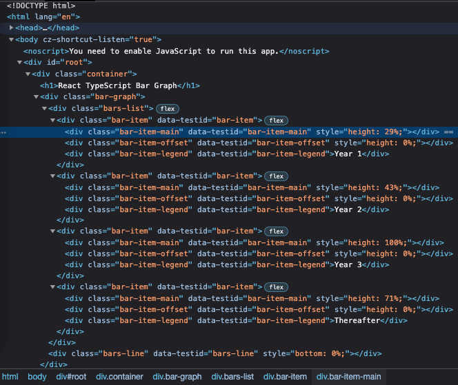 Screenshot of using inspect element on a bar graph built in React and TypeScript