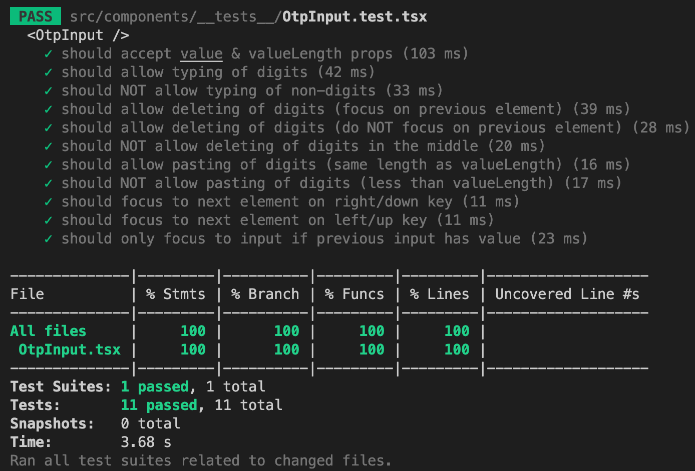 Screenshot of React OTP Input complete test coverage