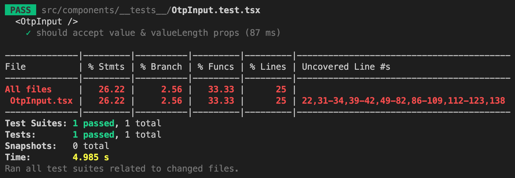 Screenshot of React OTP Input incomplete test coverage