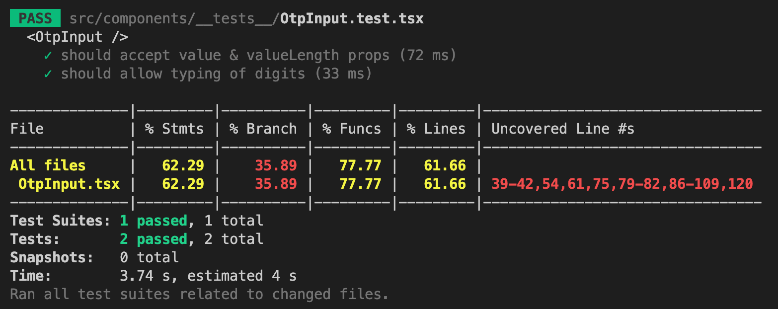 Screenshot of React OTP Input incomplete test coverage