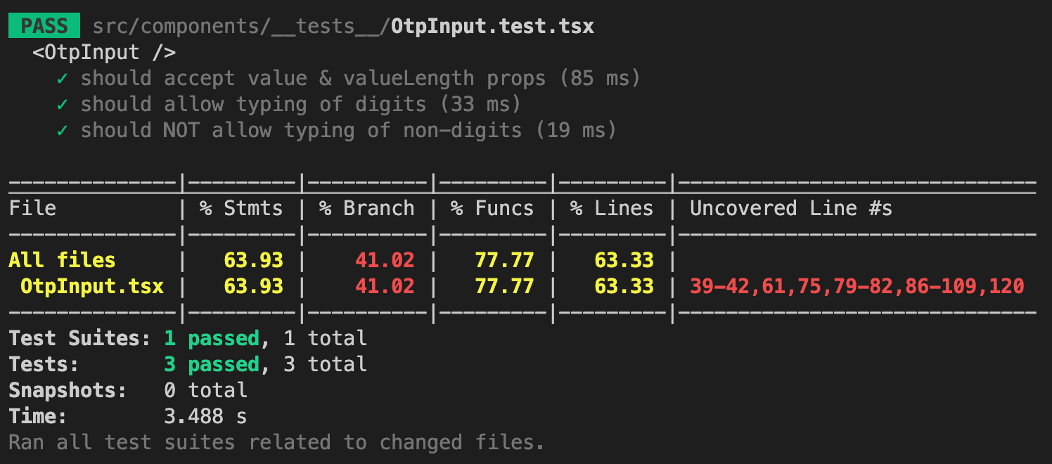 Screenshot of React OTP Input incomplete test coverage