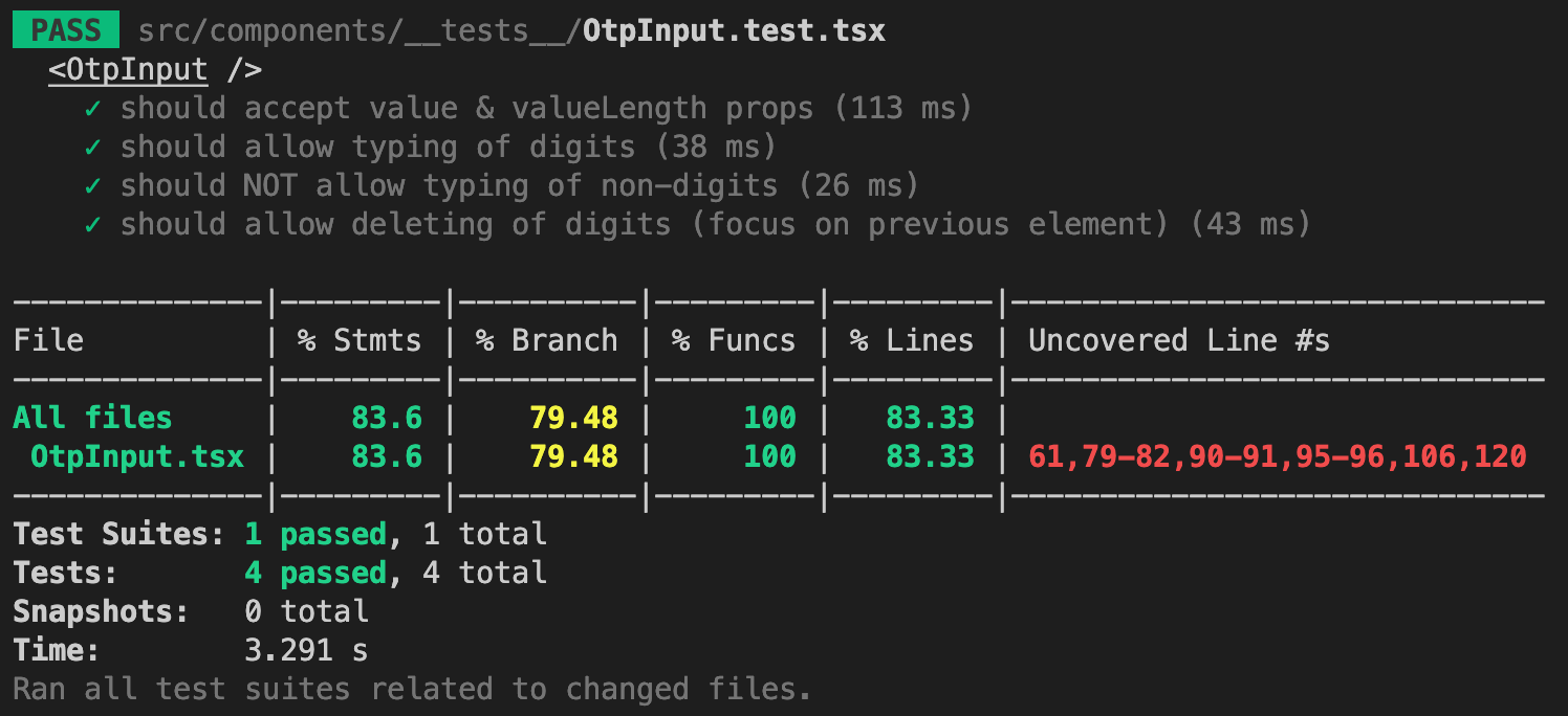 Screenshot of React OTP Input incomplete test coverage