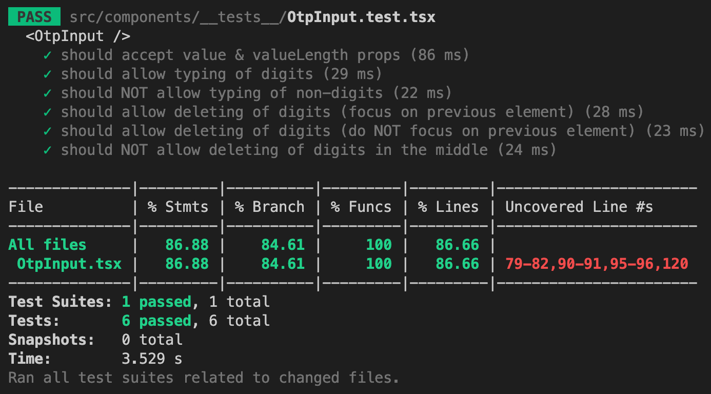 Screenshot of React OTP Input incomplete test coverage