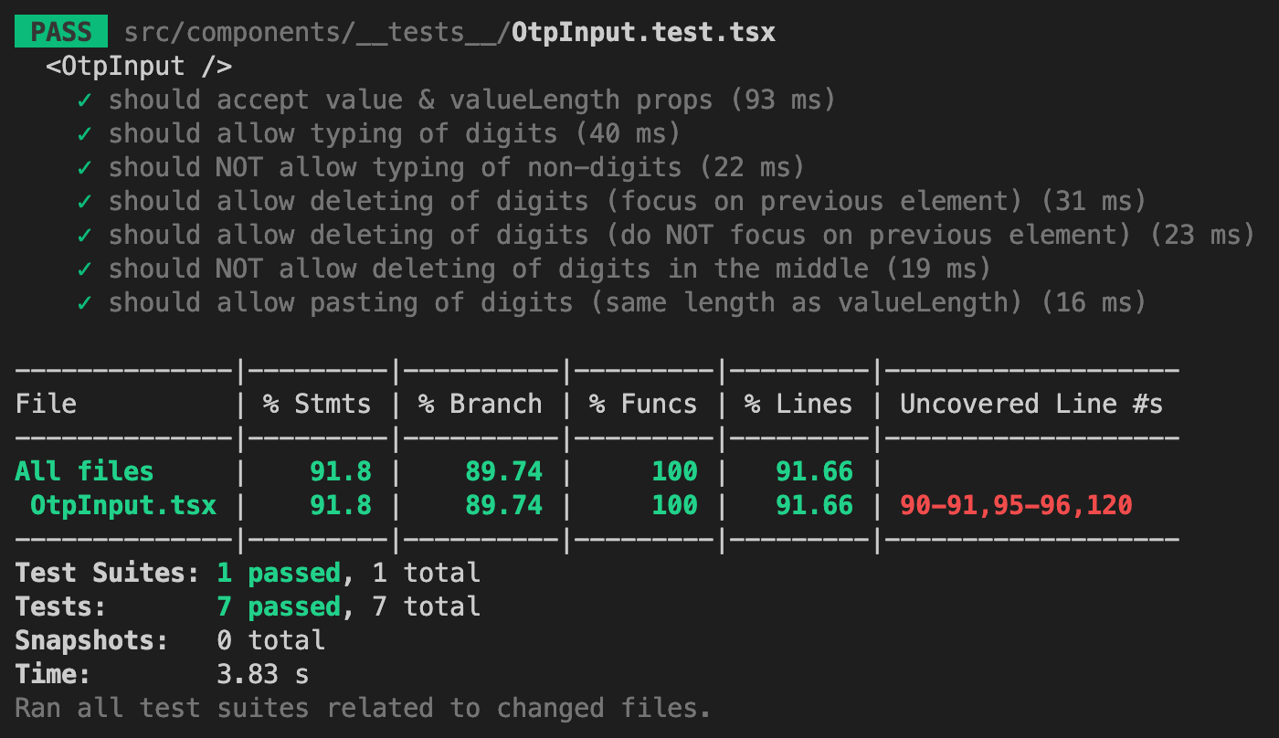 Screenshot of React OTP Input incomplete test coverage