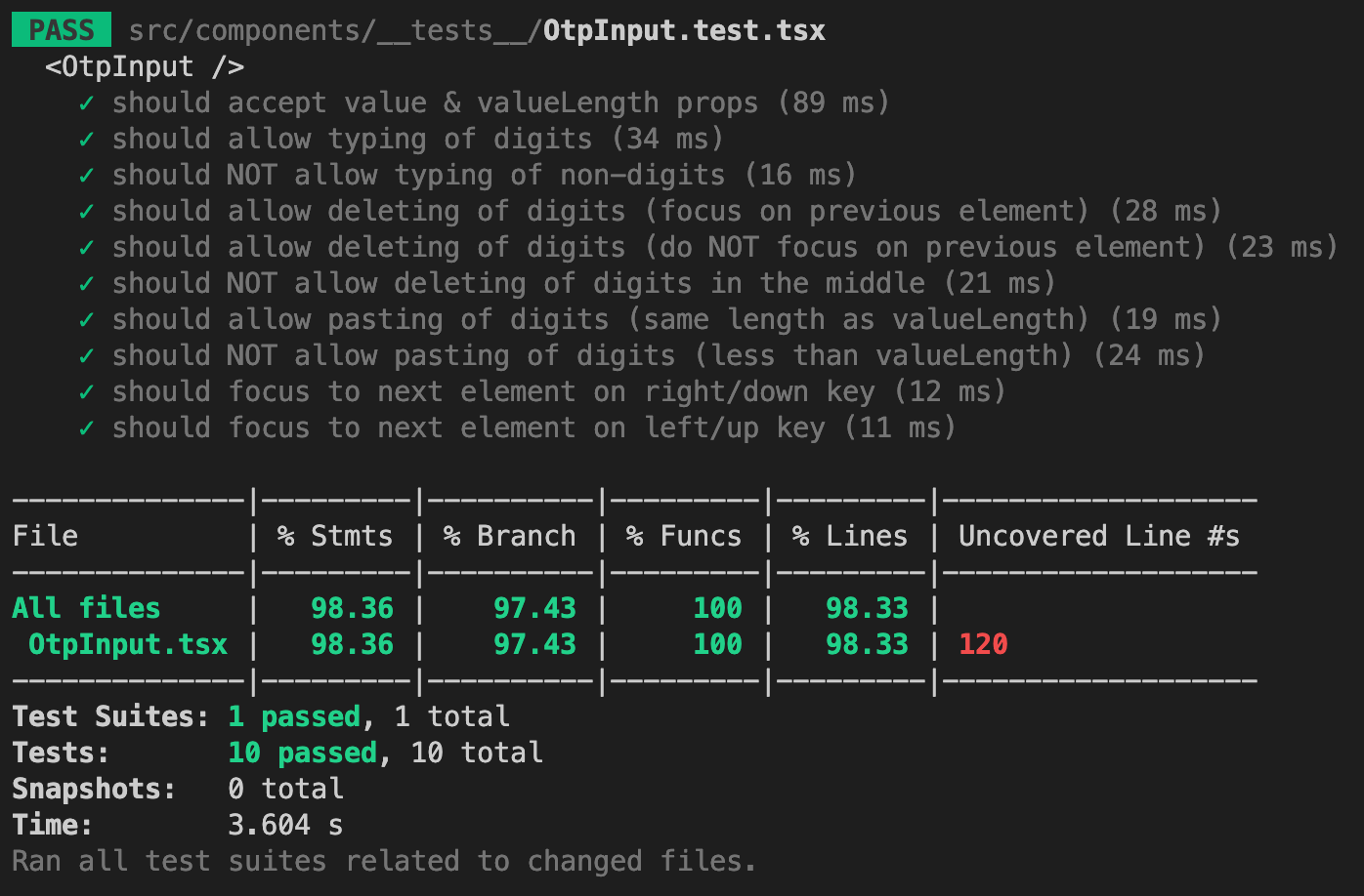 Screenshot of React OTP Input incomplete test coverage