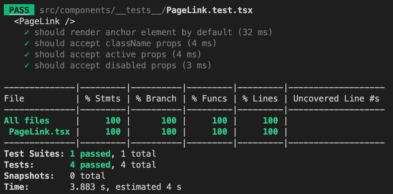 Screenshot of PageLink component complete test coverage