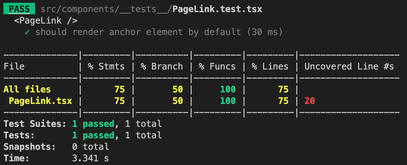 Screenshot of PageLink component incomplete test coverage