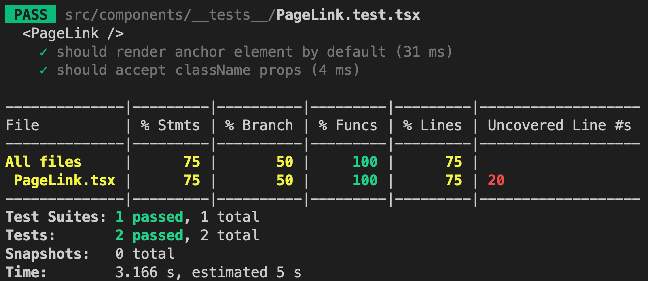 Screenshot of PageLink component incomplete test coverage