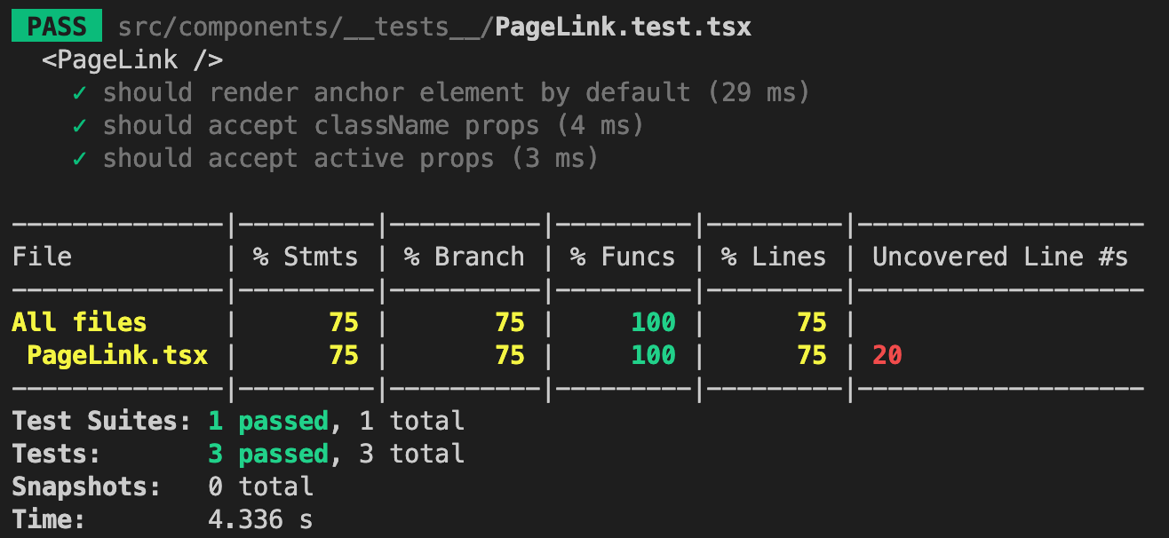 Screenshot of PageLink component incomplete test coverage
