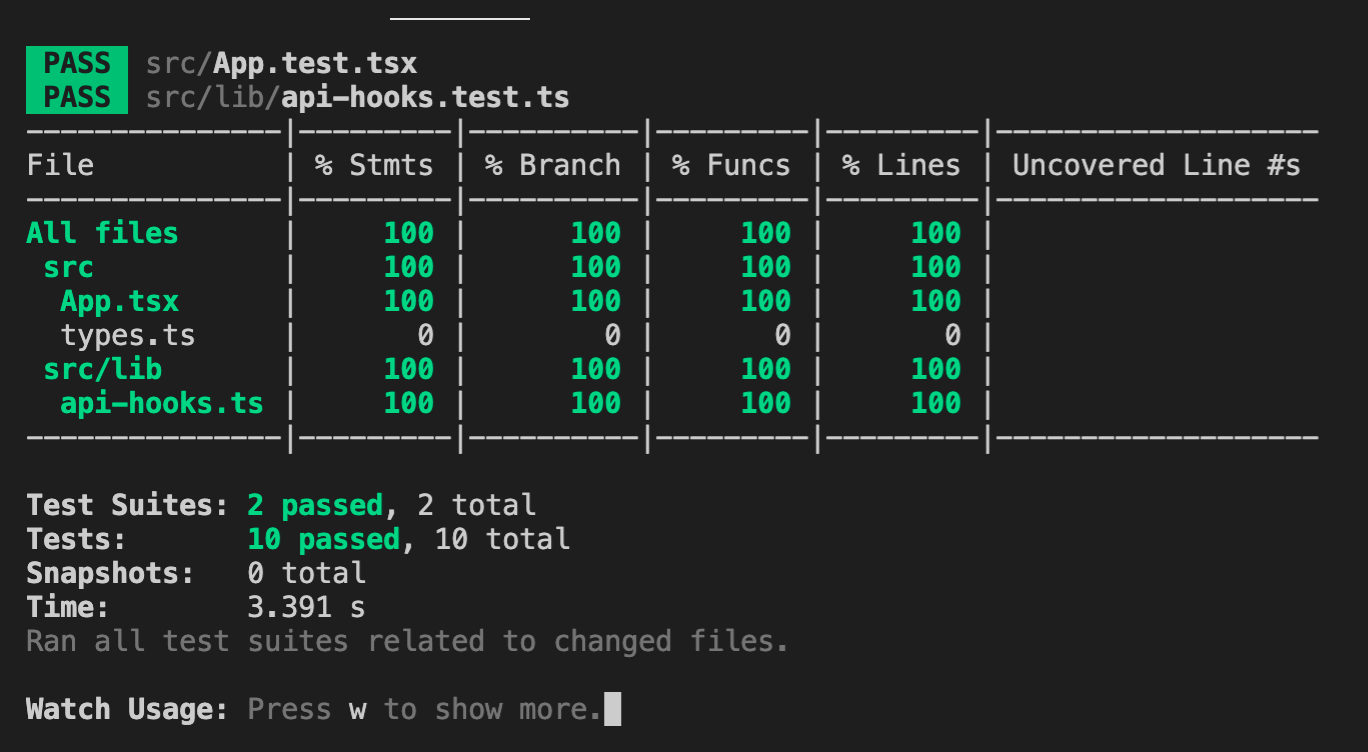 Screenshot of React API hook UI 100% Test Coverage