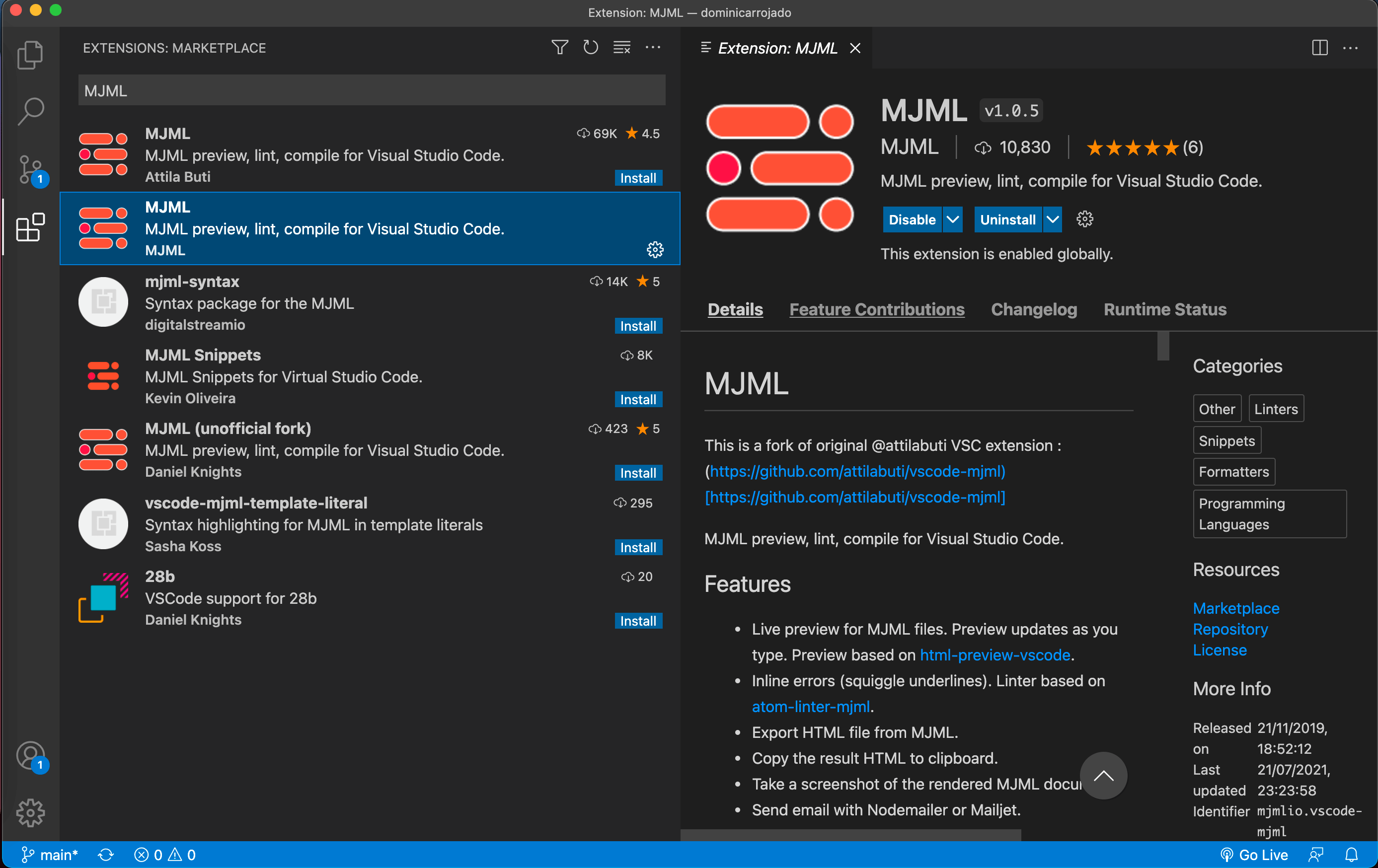 Screenshot of how to install MJML extension in Visual Studio Code