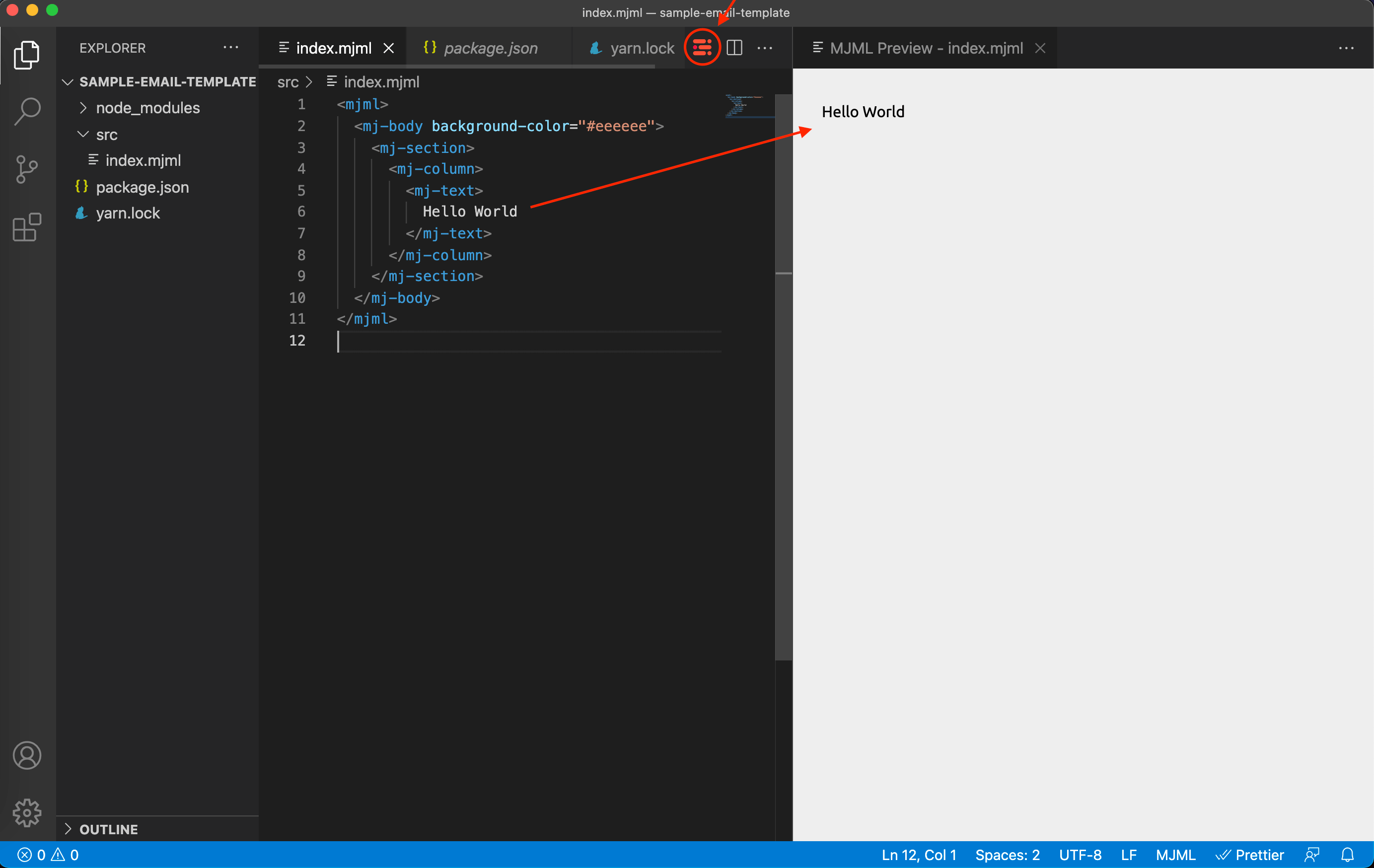 Screenshot of preview mode feature of MJML extension in Visual Studio Code