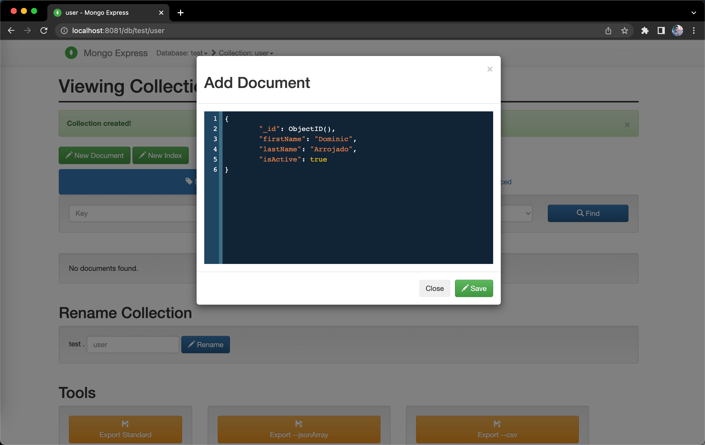 Screenshot of creating a user document in mongo-express