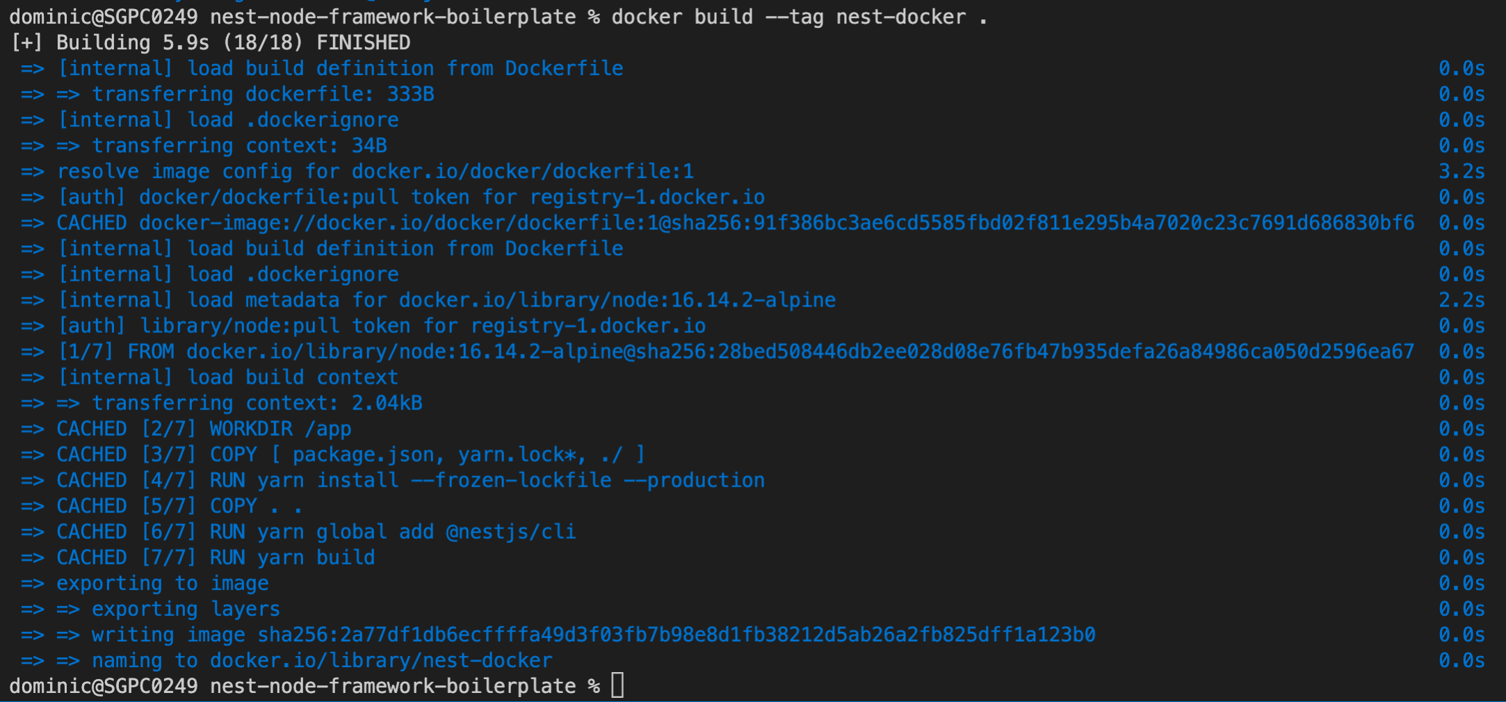 Screenshot of docker build result