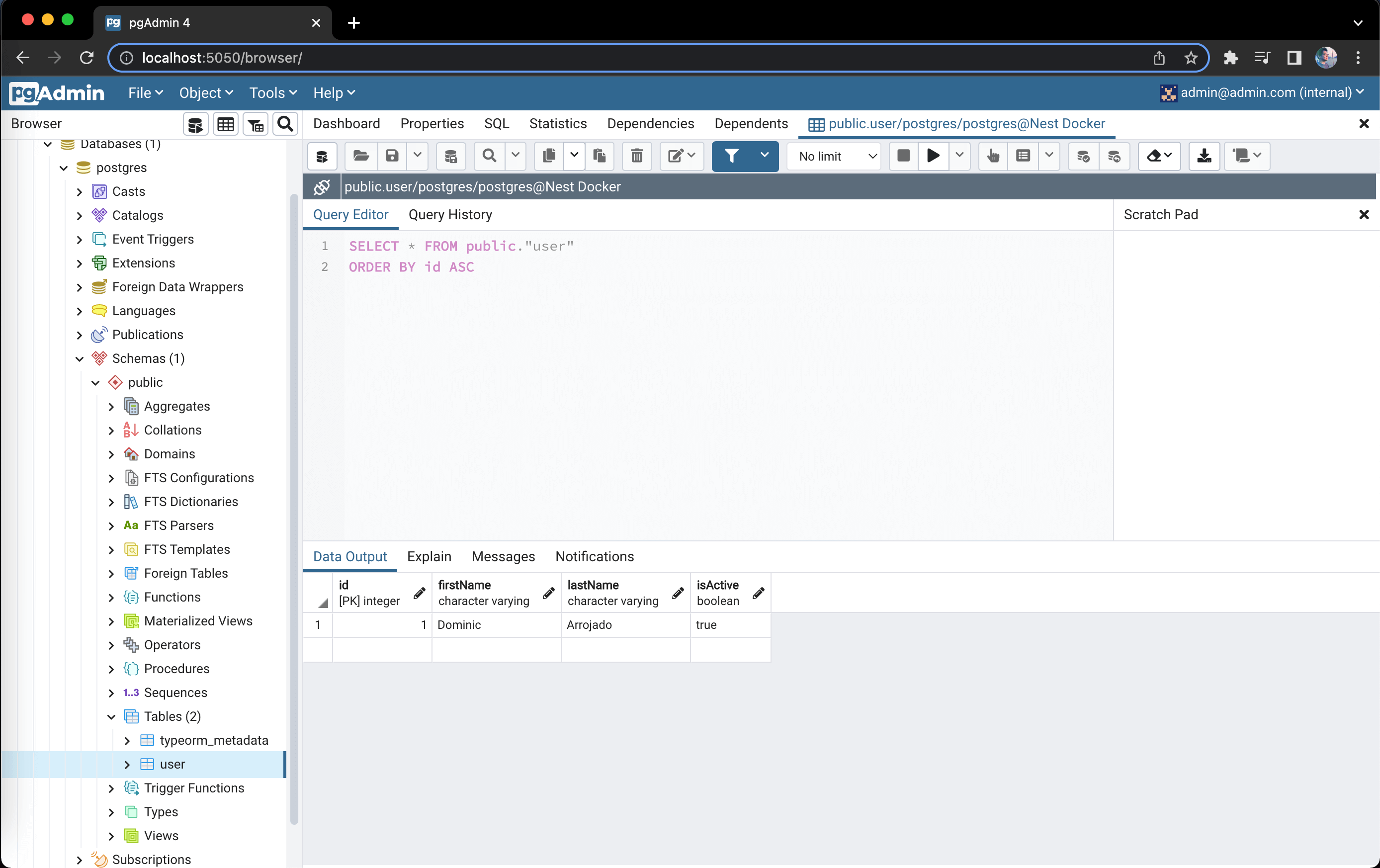 Screenshot of creating a user row in pgAdmin4
