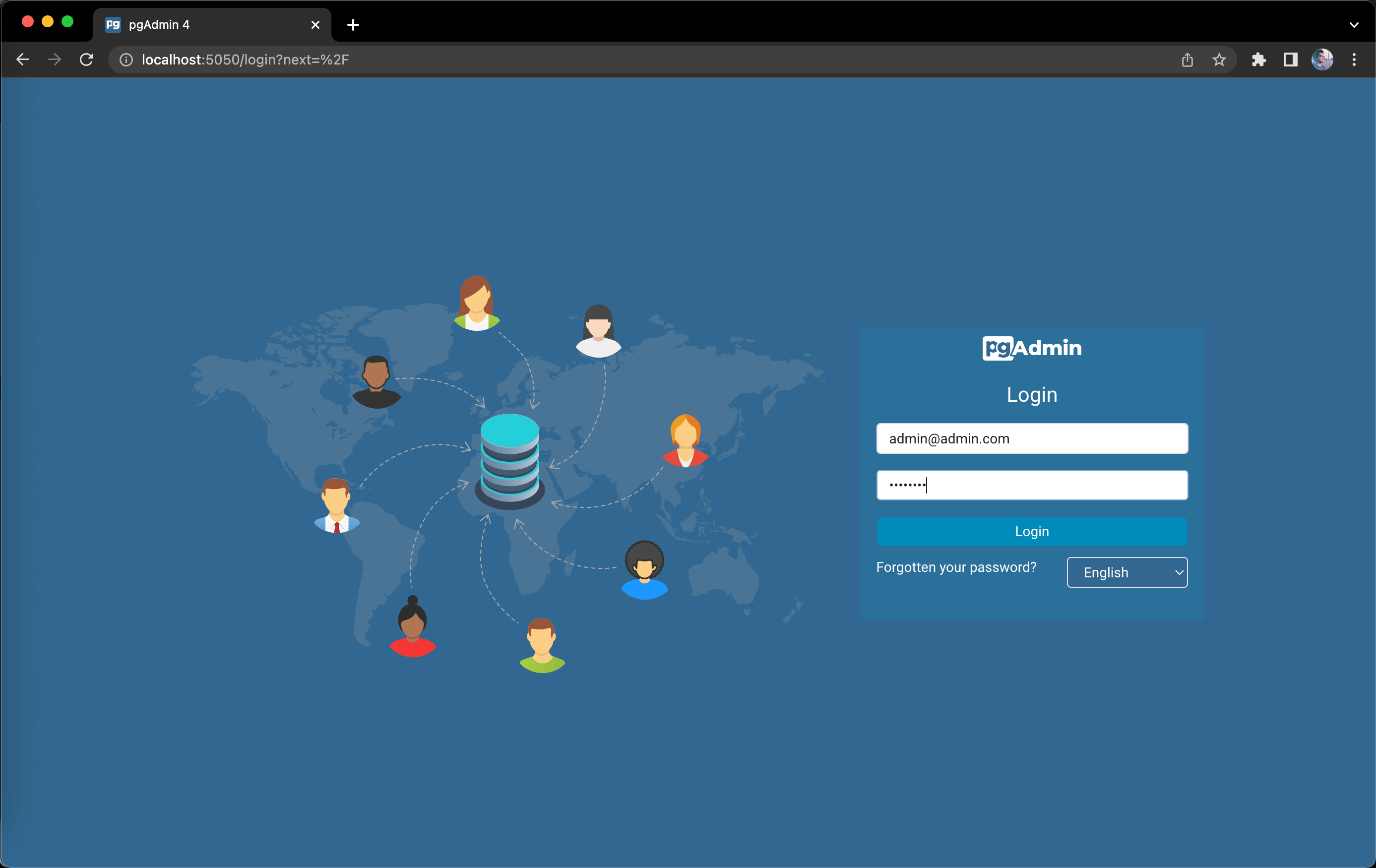 Screenshot of log in to pgAdmin4