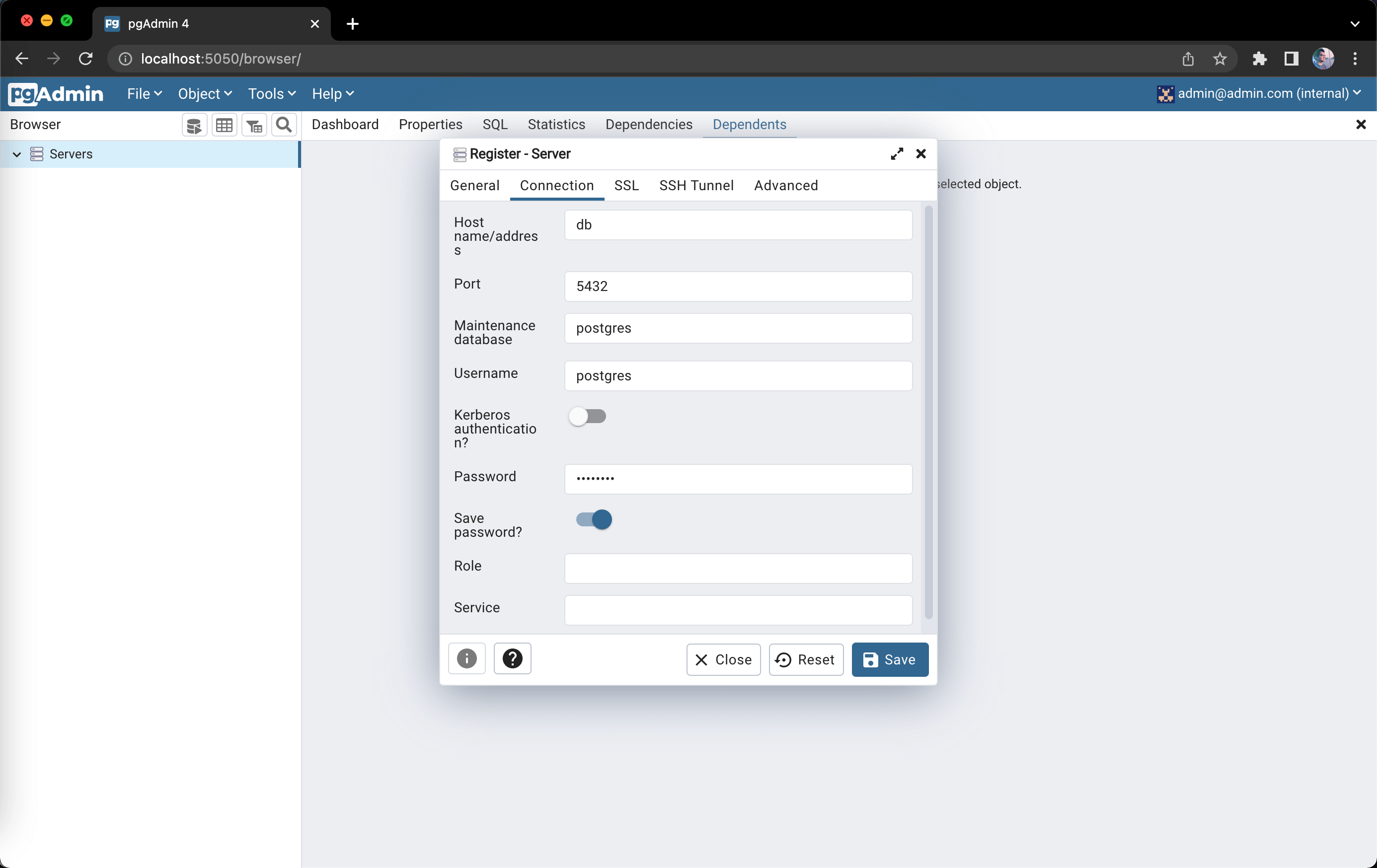 Screenshot of register server in pgAdmin4