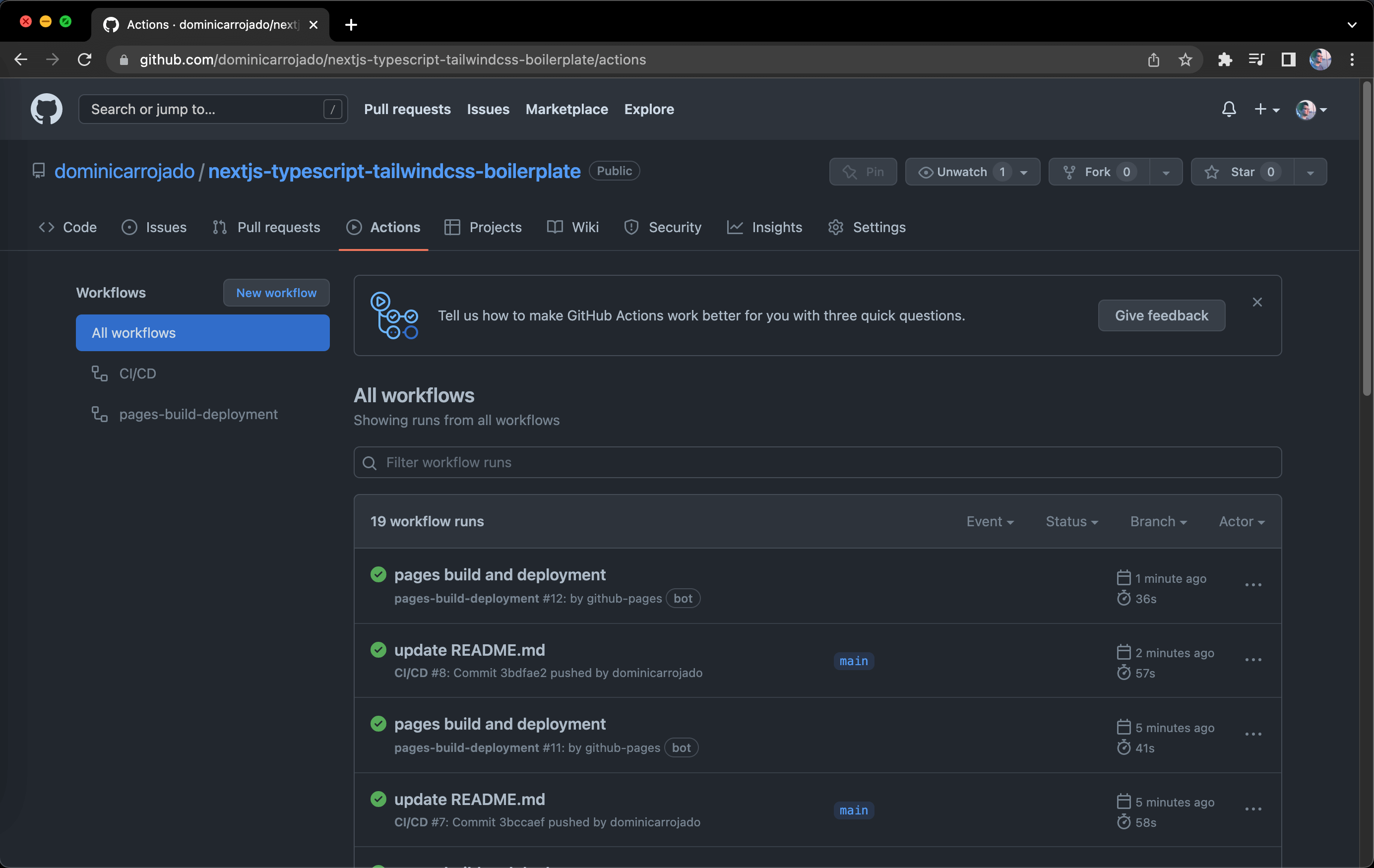 Screenshot of all workflows on GitHub Actions