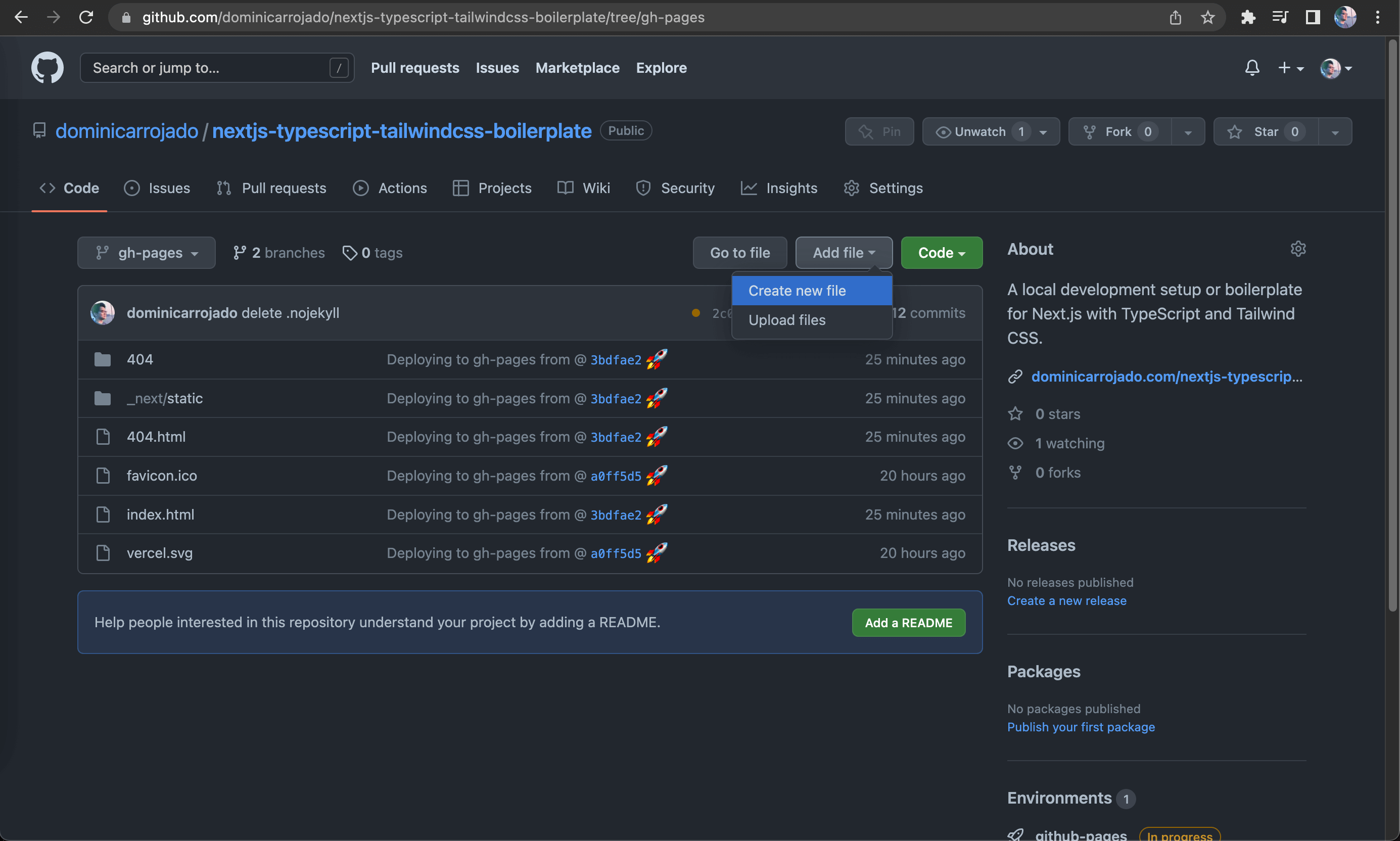 Screenshot of creating a new file on GitHub Repository
