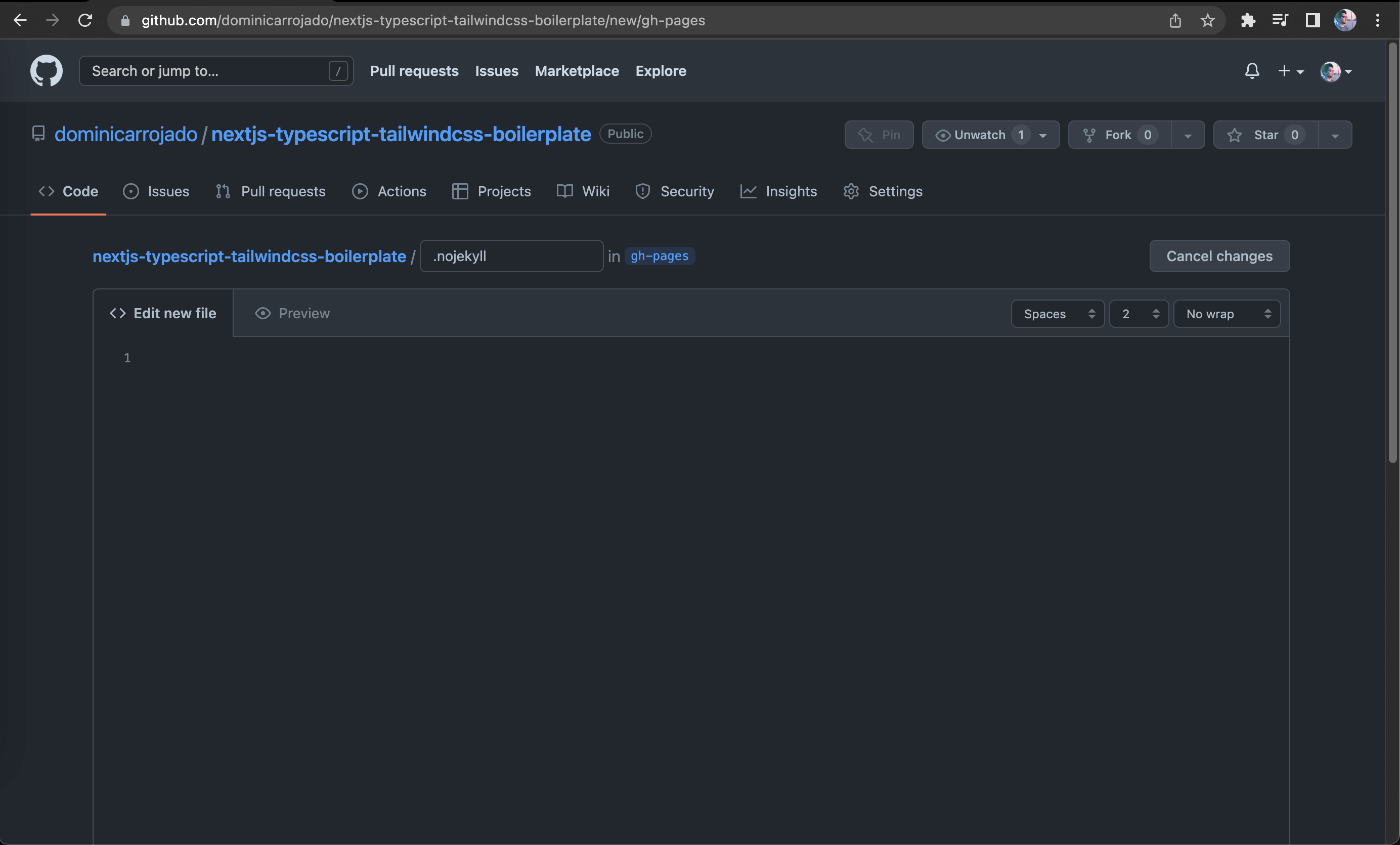 Screenshot of creating .nojekyll file on GitHub Repository