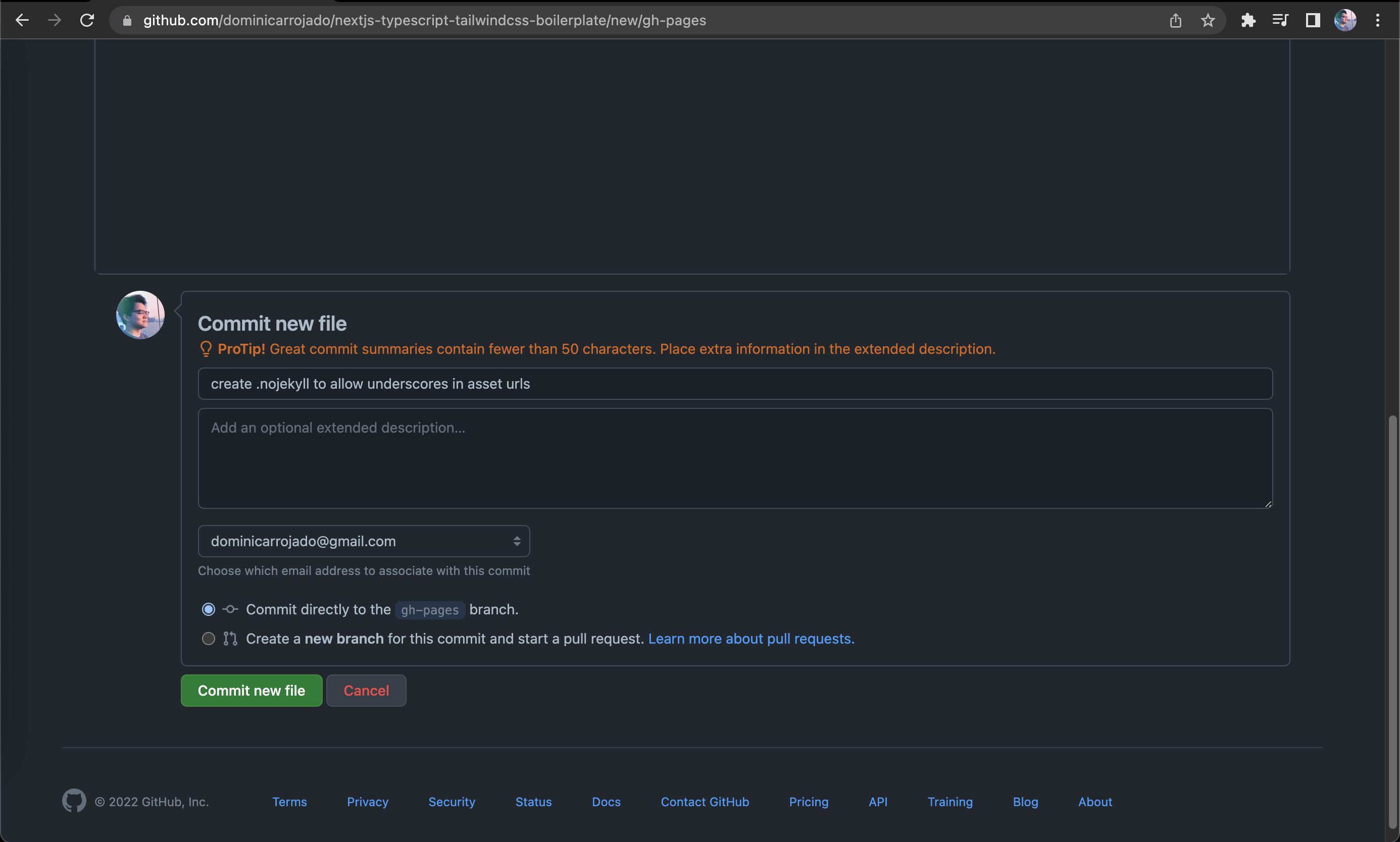 Screenshot of creating .nojekyll file on GitHub Repository