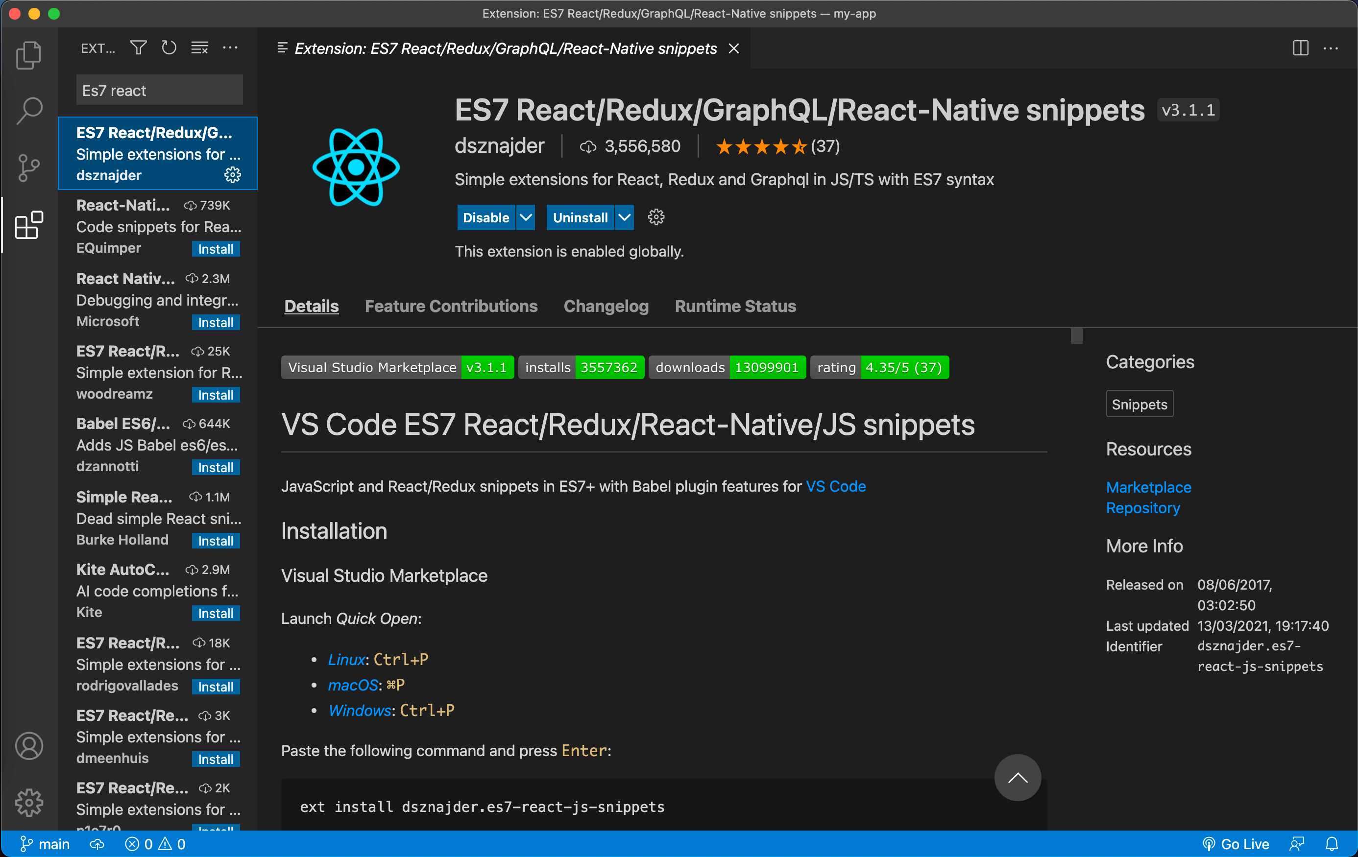 Screenshot of how to install ES7 React Snippets extension in Visual Studio Code