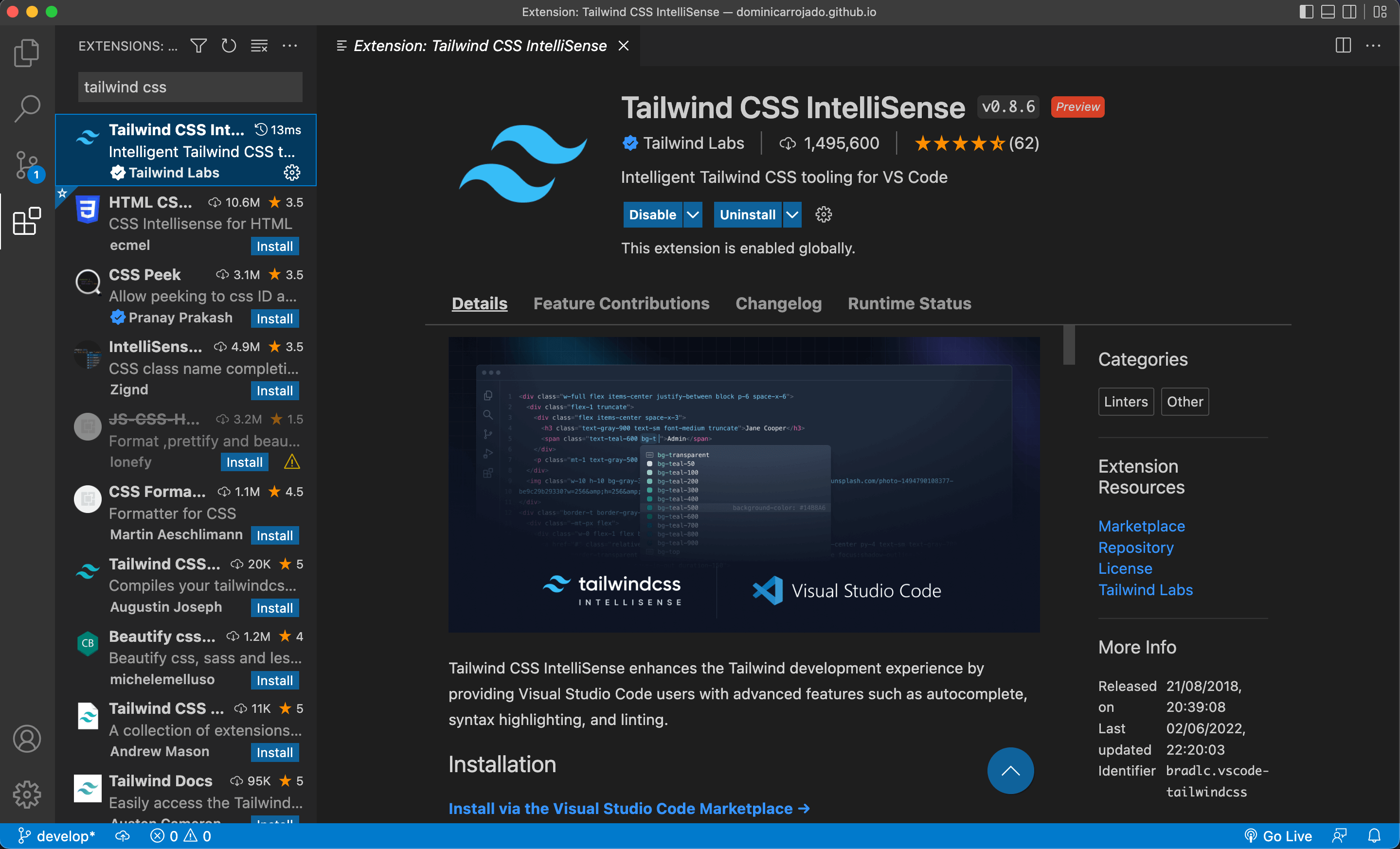 Screenshot of how to install Tailwind CSS IntelliSense extension in Visual Studio Code