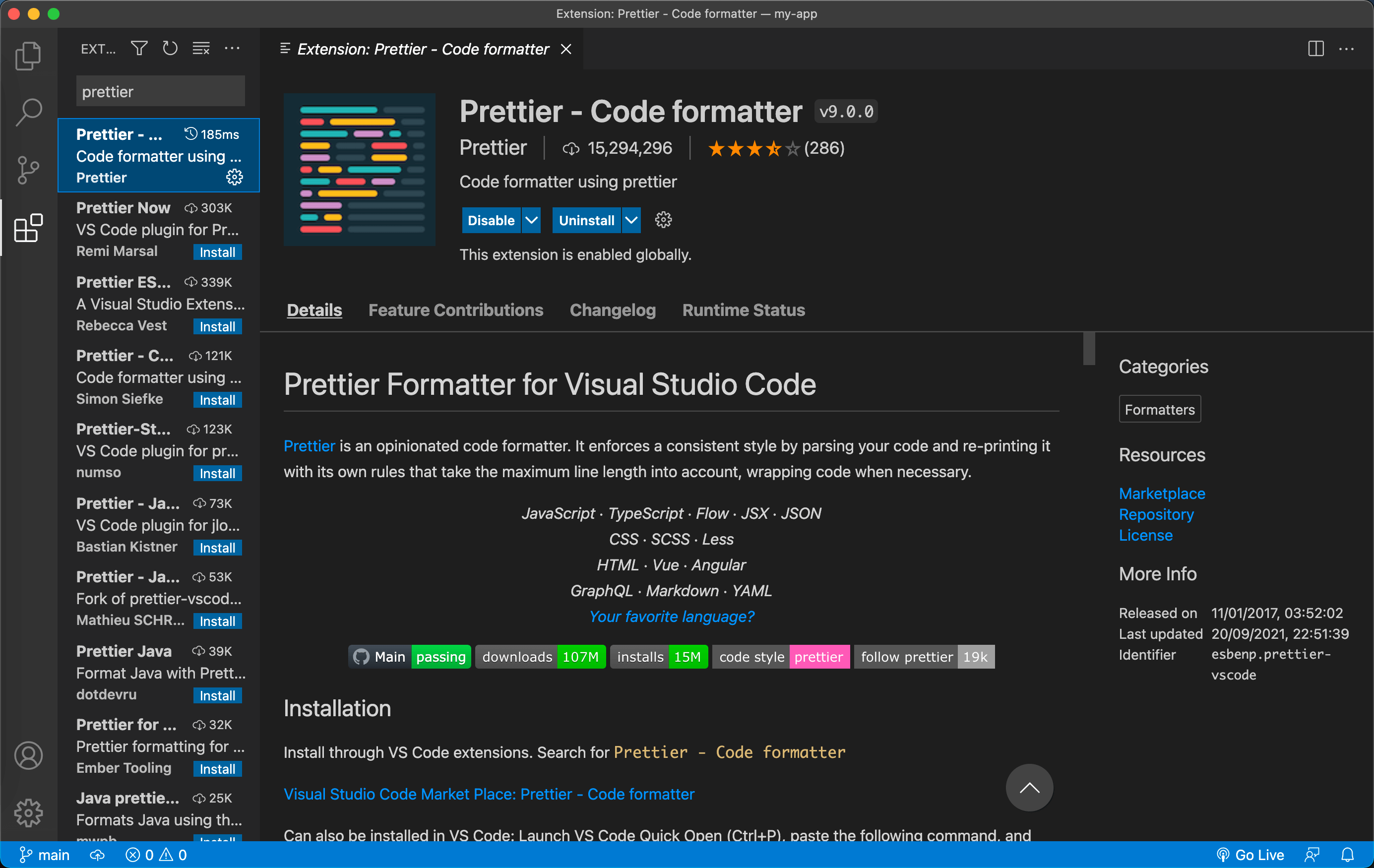 Screenshot of how to install Prettier extension in Visual Studio Code